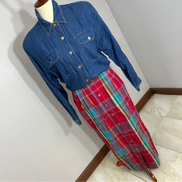 Vintage Red Plaid Denim Long Sleeve Maxi Dress Country Southern Preppy Modest - Picture 13 of 14